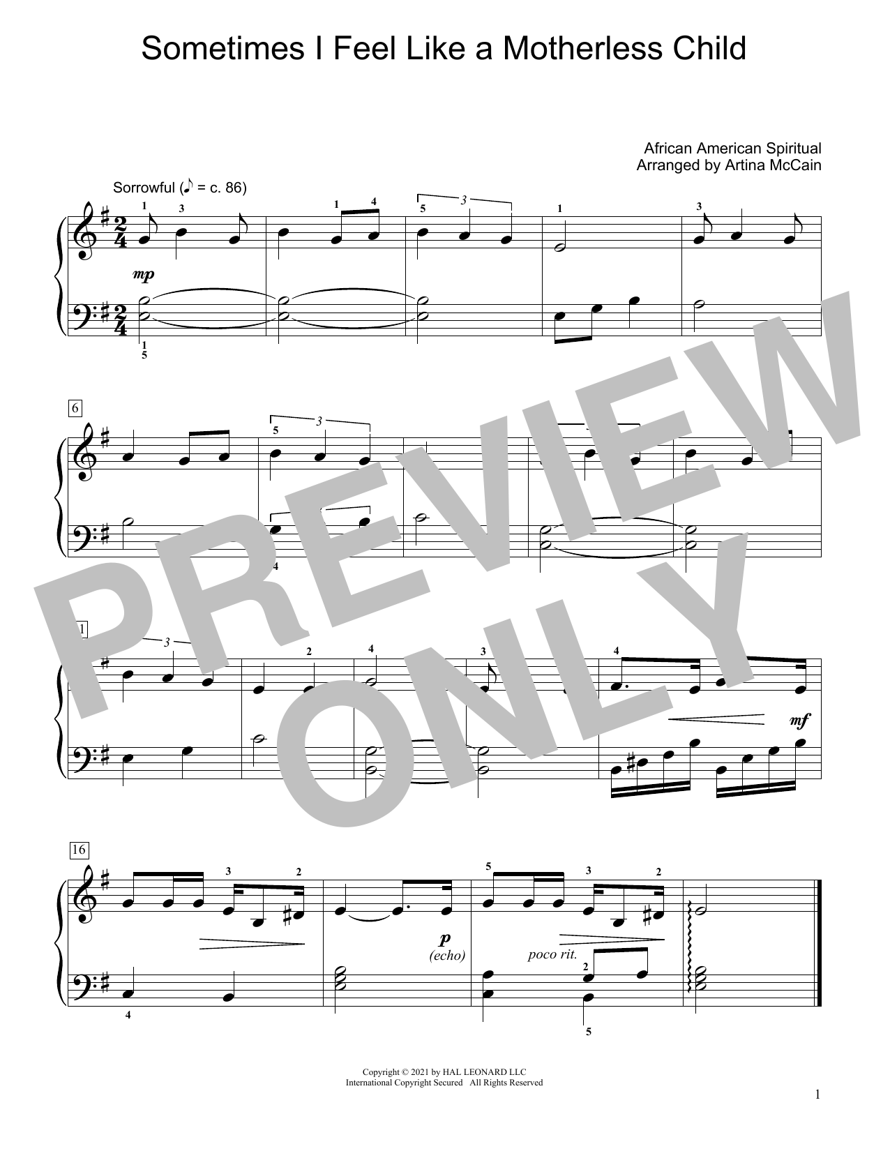 Download Traditional Sometimes I Feel Like A Motherless Child (arr. Artina McCain) Sheet Music and learn how to play Educational Piano PDF digital score in minutes