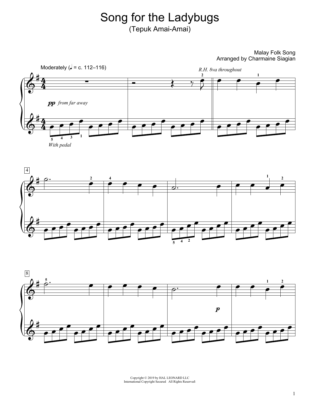 Download Traditional Song For The Ladybugs (Tepuk Amai-Amai) (arr. Charmaine Siagian) Sheet Music and learn how to play Educational Piano PDF digital score in minutes