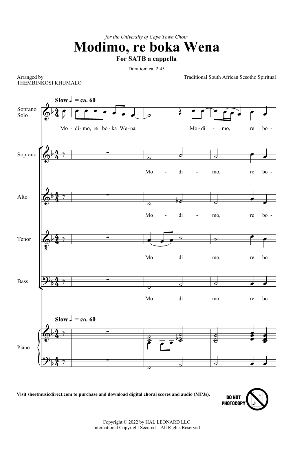 Download Traditional South African Folk Song Modimo, re boka Wena (arr. Thembinkosi Khumalo) Sheet Music and learn how to play SATB Choir PDF digital score in minutes