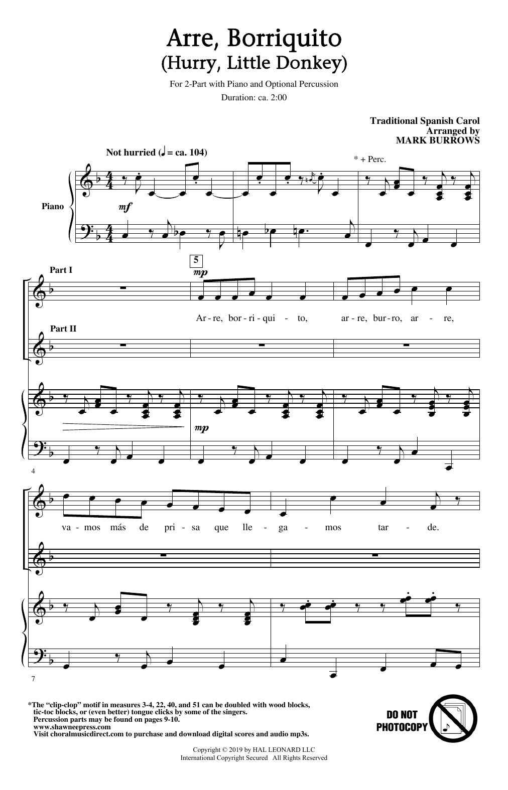 Download Traditional Spanish Carol Arre Borriquito (Hurry, Little Donkey) (arr. Mark Burrows) Sheet Music and learn how to play 2-Part Choir PDF digital score in minutes