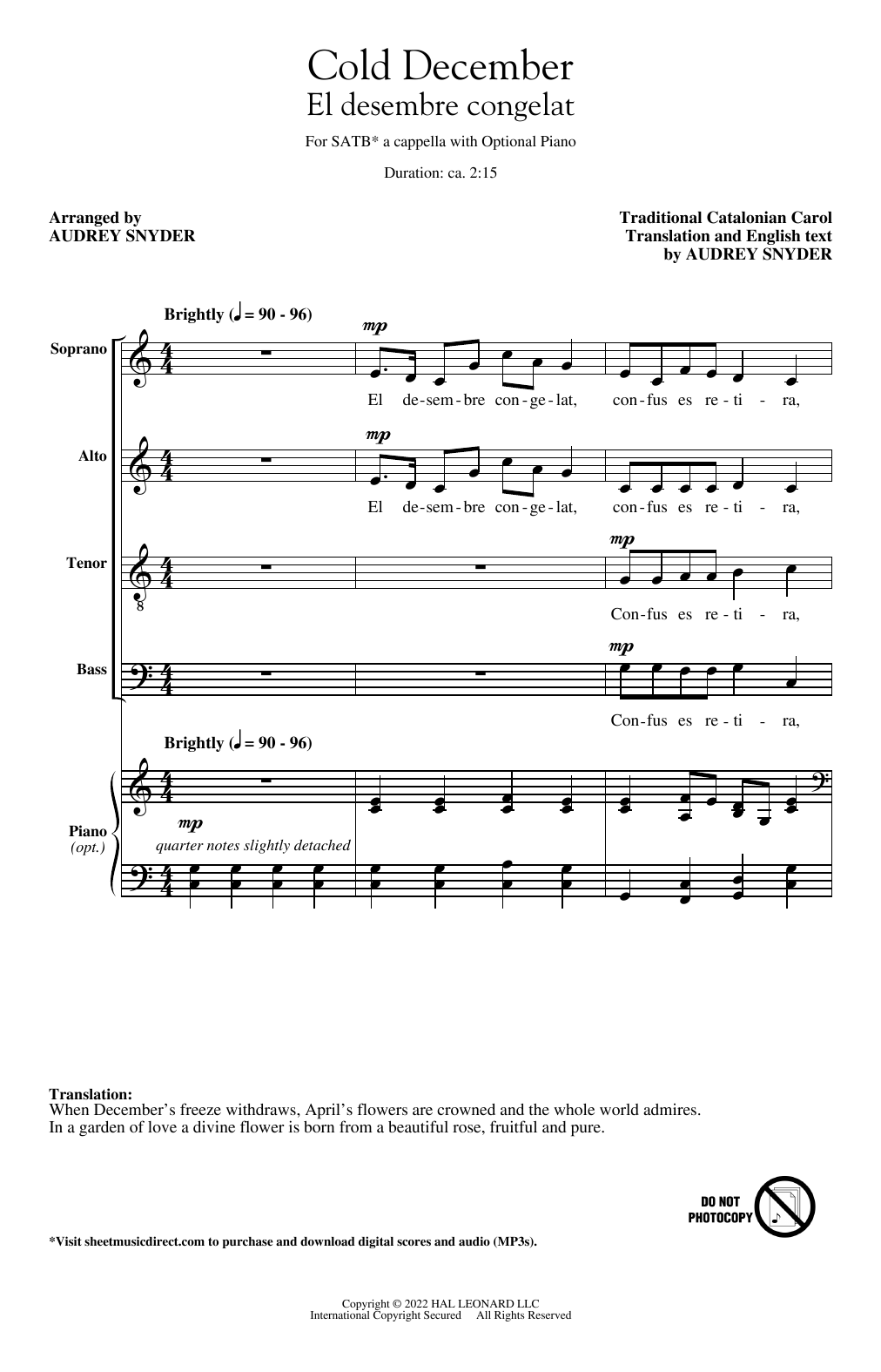 Download Traditional Spanish Carol El Desembre Congelat (arr. Audrey Snyder) Sheet Music and learn how to play SATB Choir PDF digital score in minutes