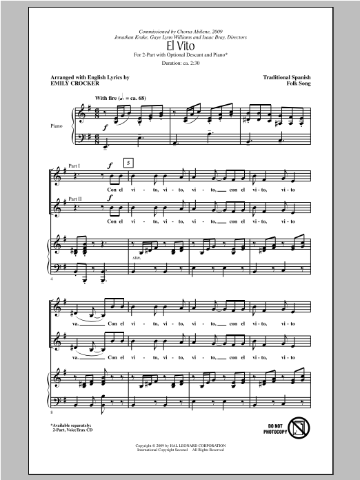 Download Traditional El Vito (arr. Emily Crocker) Sheet Music and learn how to play 2-Part Choir PDF digital score in minutes