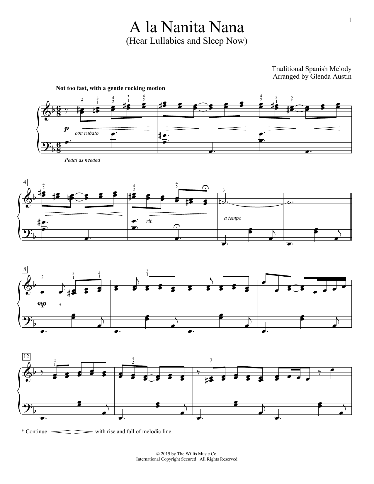 Download Traditional Spanish Melody A La Nanita Nana (Hear Lullabies And Sleep Now) (arr. Glenda Austin) Sheet Music and learn how to play Piano Solo PDF digital score in minutes
