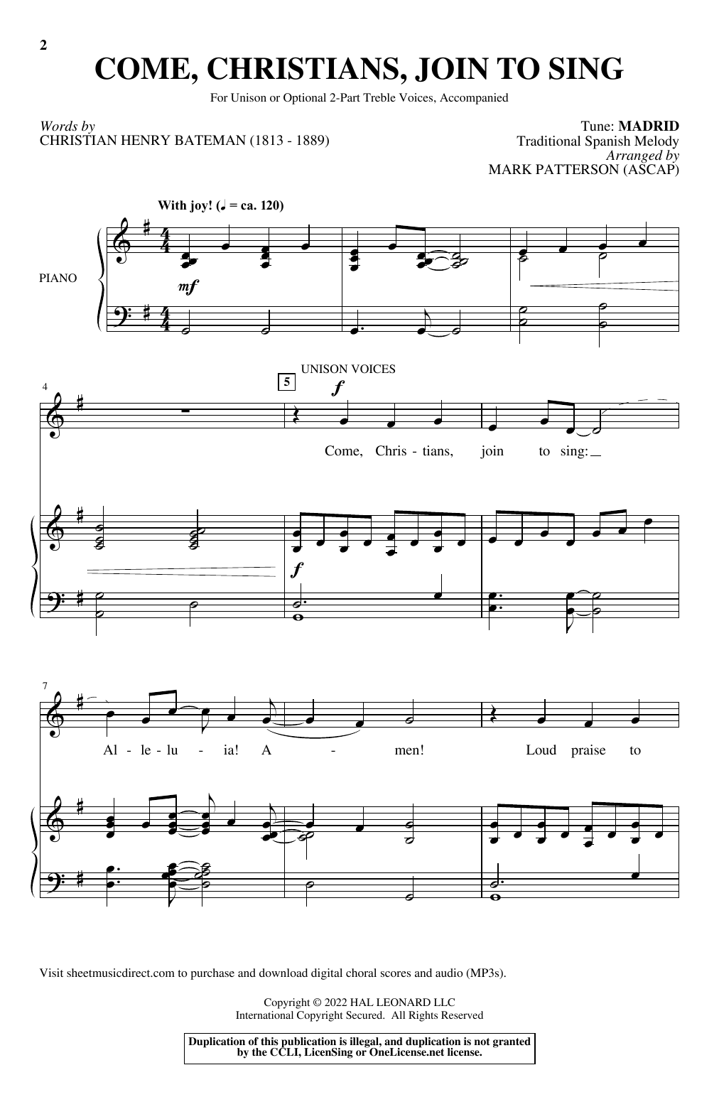 Download Traditional Spanish Melody Come, Christians, Join To Sing (arr. Mark Patterson) Sheet Music and learn how to play Unison Choir PDF digital score in minutes