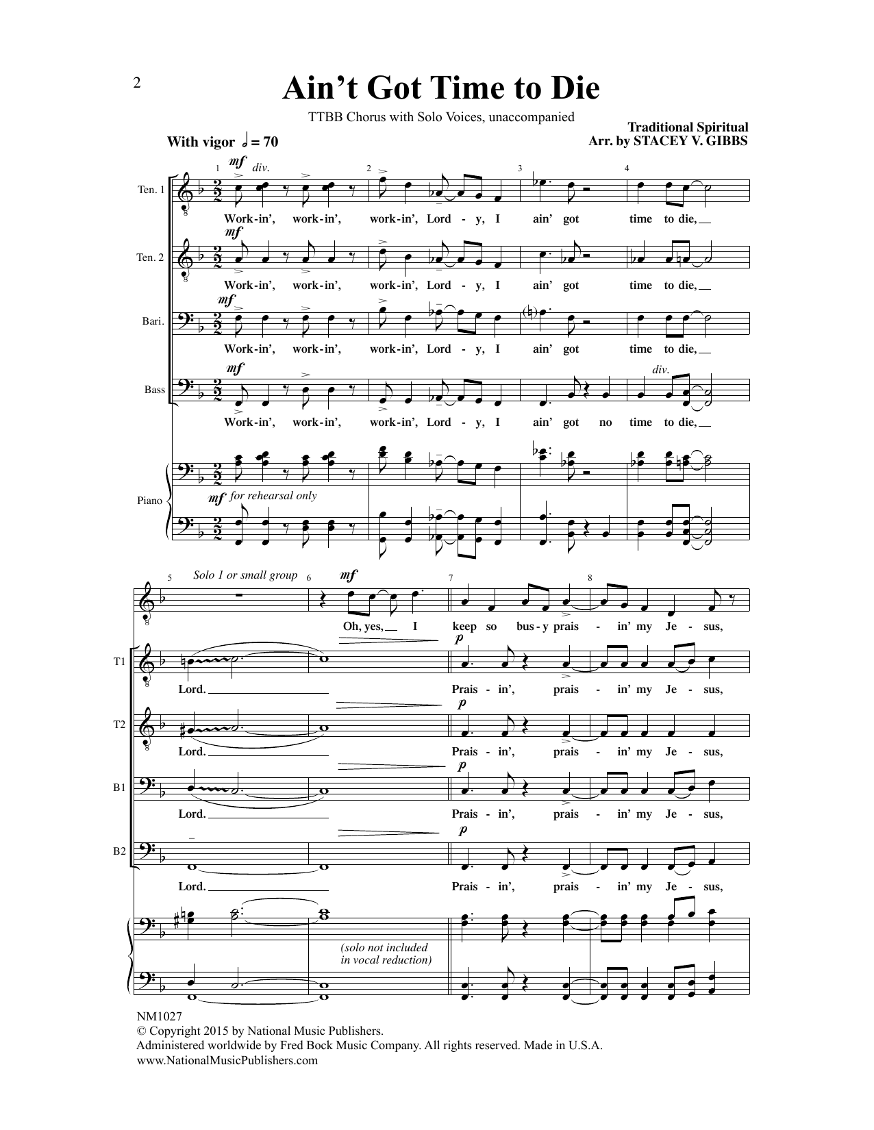 Download Traditional Spiritual Ain't Got Time To Die (arr. Stacey V. Gibbs) Sheet Music and learn how to play TTBB Choir PDF digital score in minutes