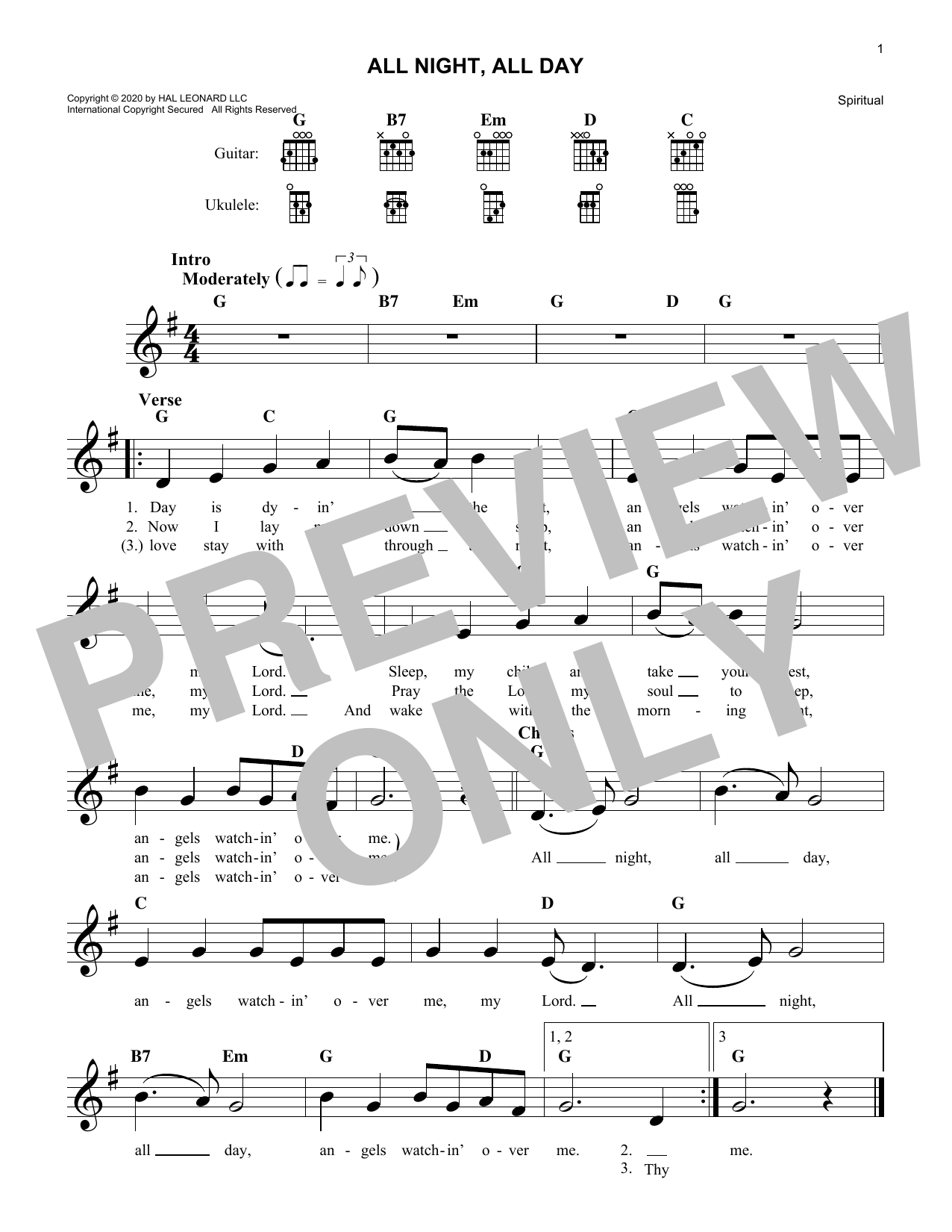 Download Traditional Spiritual All Night, All Day Sheet Music and learn how to play Lead Sheet / Fake Book PDF digital score in minutes