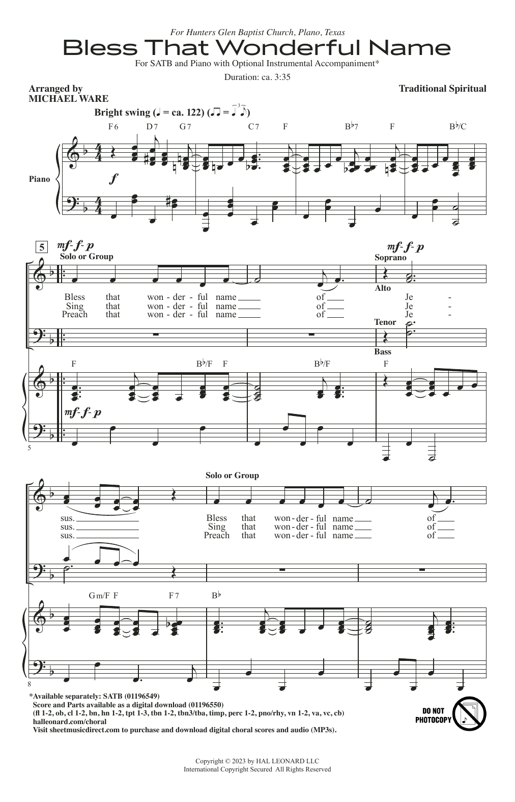 Download Traditional Spiritual Bless That Wonderful Name (arr. Michael Ware) Sheet Music and learn how to play SATB Choir PDF digital score in minutes