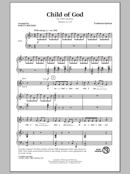 Download Emily Crocker Child Of God Sheet Music and learn how to play 2-Part Choir PDF digital score in minutes