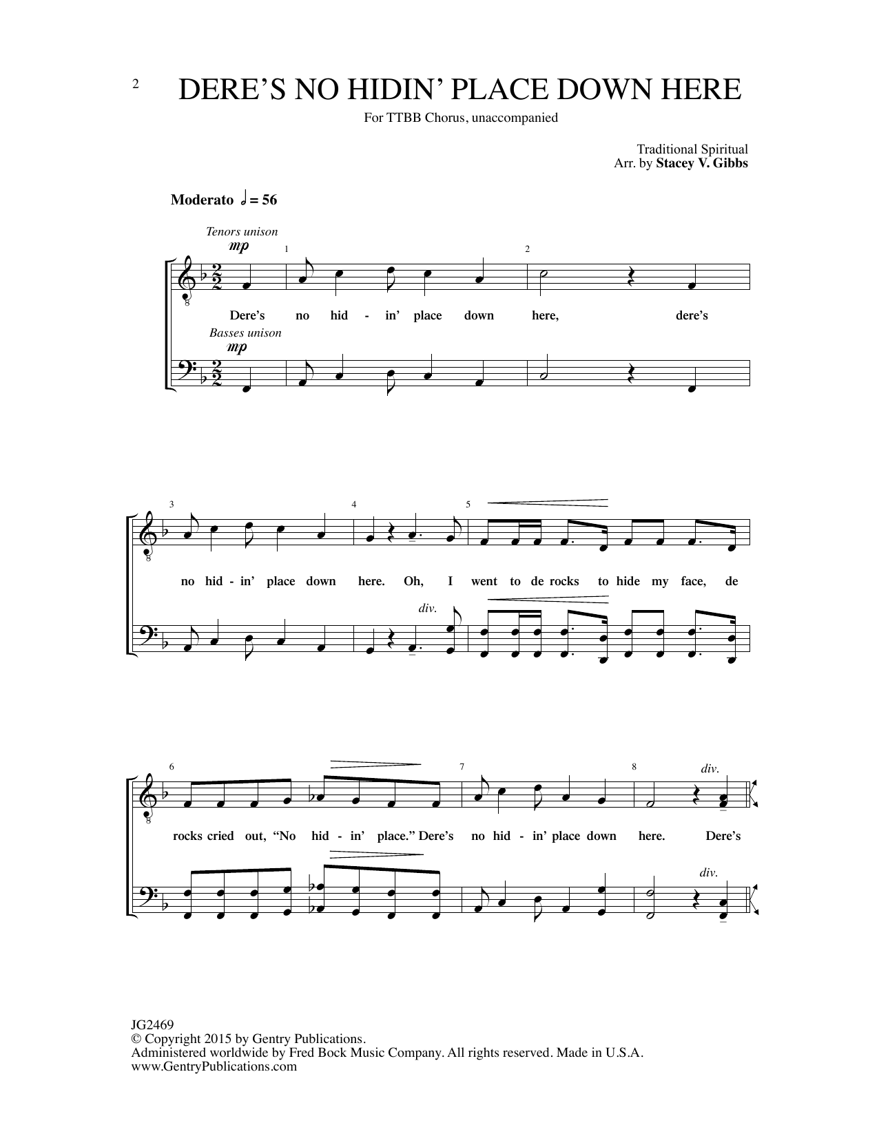 Download Traditional Spiritual Dere's No Hidin' Place Down Here (arr. Stacey V. Gibbs) Sheet Music and learn how to play TTBB Choir PDF digital score in minutes