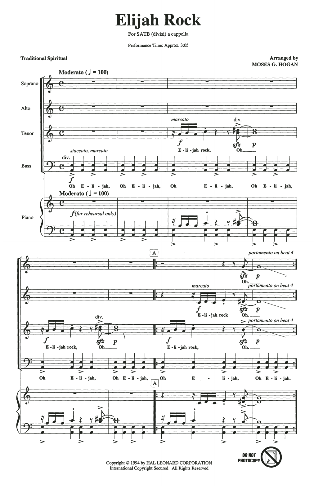 Download Traditional Spiritual Elijah Rock (arr. Moses Hogan) Sheet Music and learn how to play SATB Choir PDF digital score in minutes