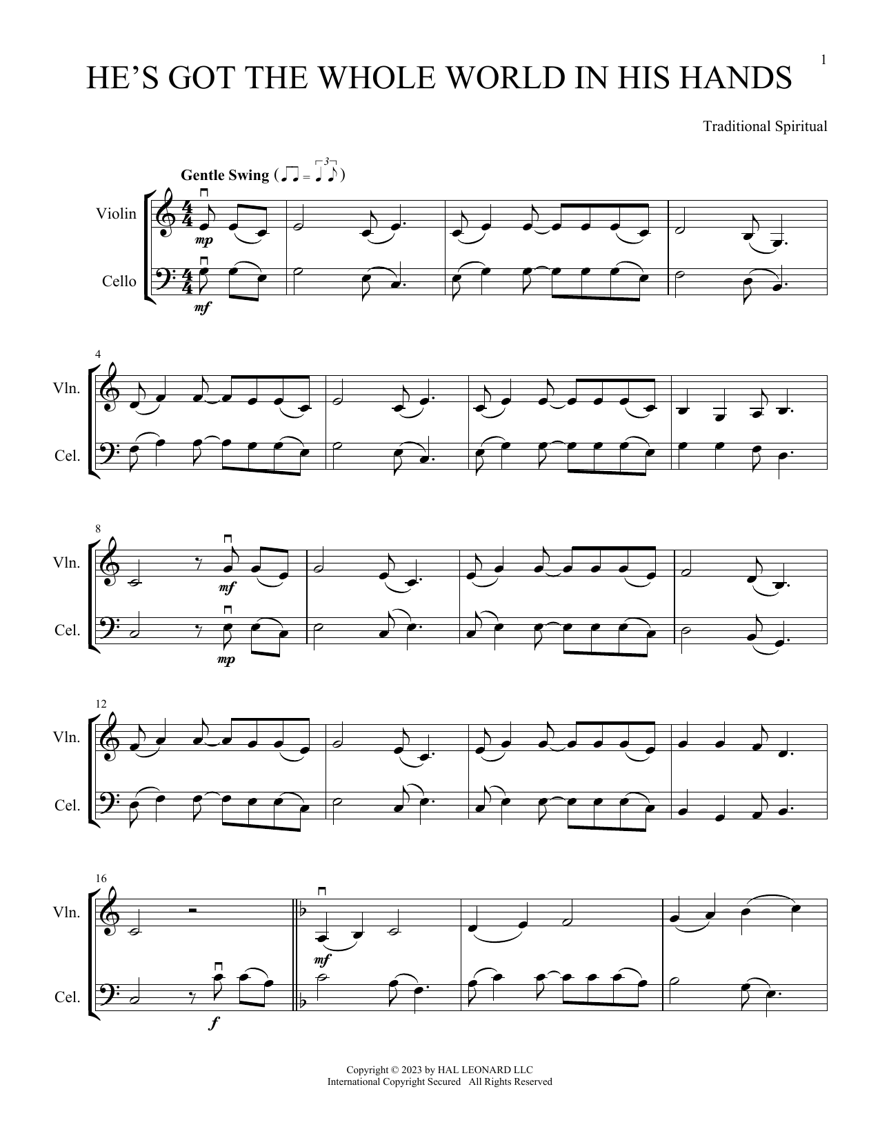 Download Traditional Spiritual He's Got The Whole World In His Hands (arr. Michelle Hynson) Sheet Music and learn how to play Instrumental Duet PDF digital score in minutes