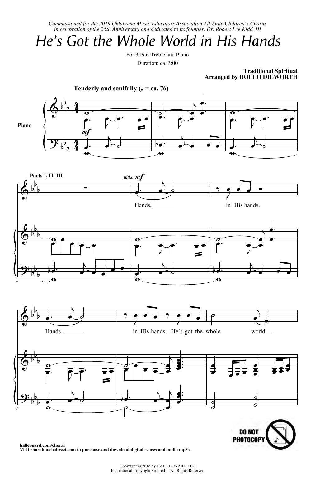 Download Traditional Spiritual He's Got The Whole World In His Hands (arr. Rollo Dilworth) Sheet Music and learn how to play 3-Part Treble Choir PDF digital score in minutes