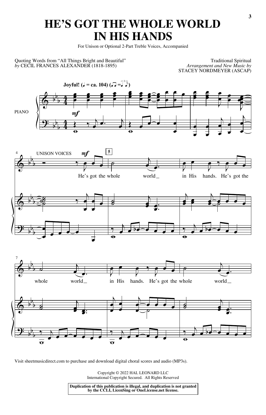 Download Traditional Spiritual He's Got The Whole World In His Hands (arr. Stacey Nordmeyer) Sheet Music and learn how to play Unison Choir PDF digital score in minutes