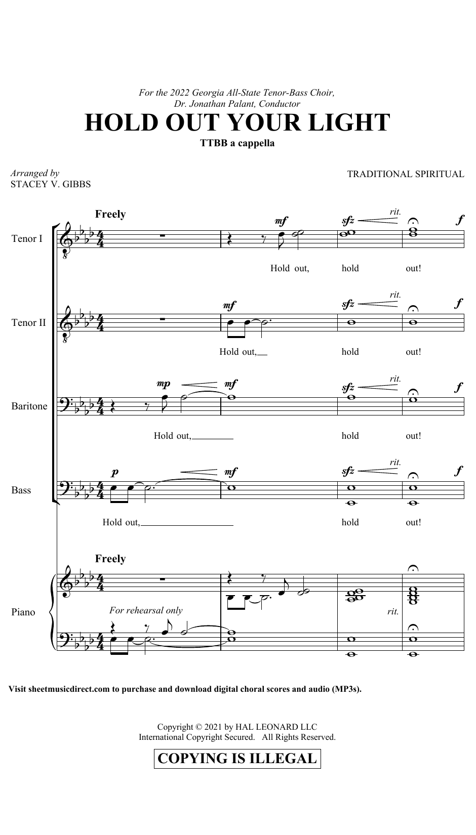 Download Traditional Spiritual Hold Out Your Light (arr. Stacey V. Gibbs) Sheet Music and learn how to play TTBB Choir PDF digital score in minutes