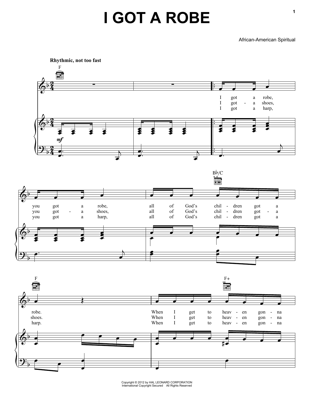 Download African-American Spiritual I Got A Robe Sheet Music and learn how to play Piano, Vocal & Guitar (Right-Hand Melody) PDF digital score in minutes