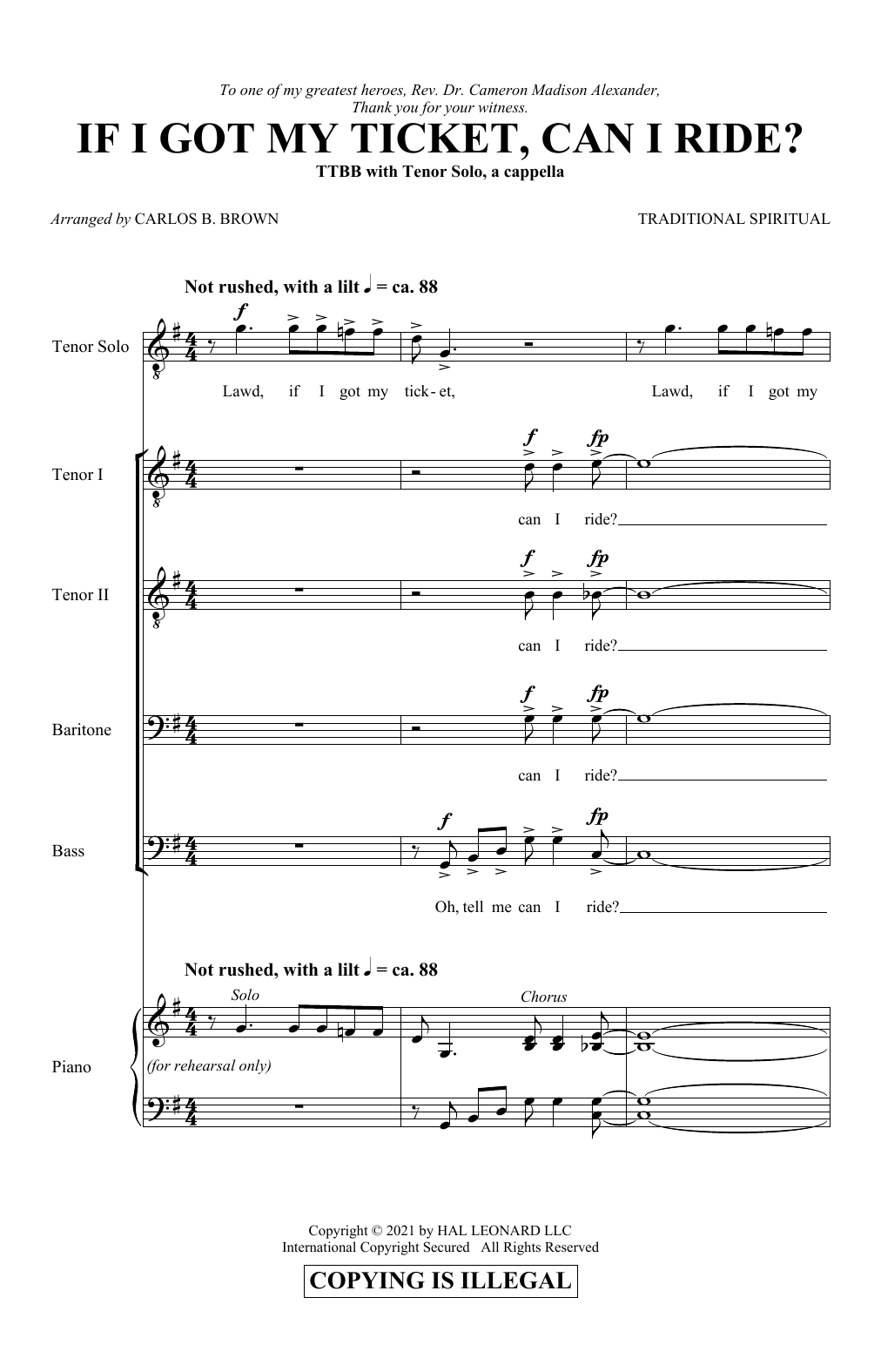Download Traditional Spiritual If I Got My Ticket, Can I Ride? (arr. Carlos B. Brown) Sheet Music and learn how to play TTBB Choir PDF digital score in minutes