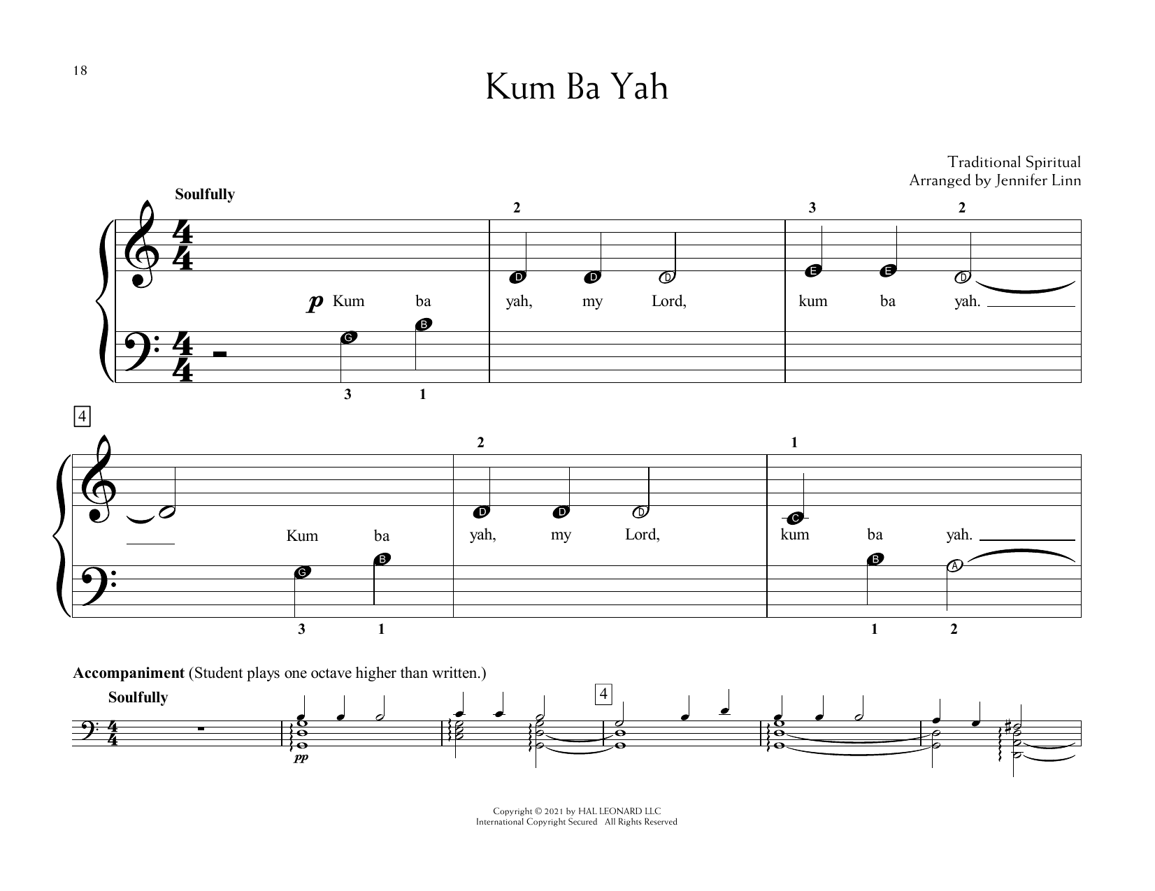 Download Traditional Spiritual Kum Ba Yah (arr. Jennifer Linn) Sheet Music and learn how to play Educational Piano PDF digital score in minutes