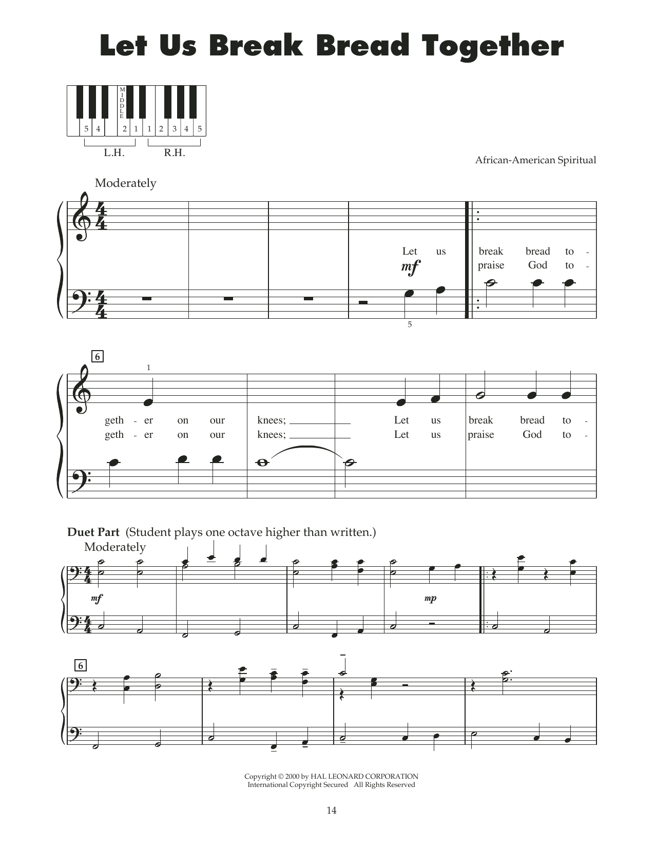 Download Traditional Spiritual Let Us Break Bread Together (arr. Carol Klose) Sheet Music and learn how to play 5-Finger Piano PDF digital score in minutes