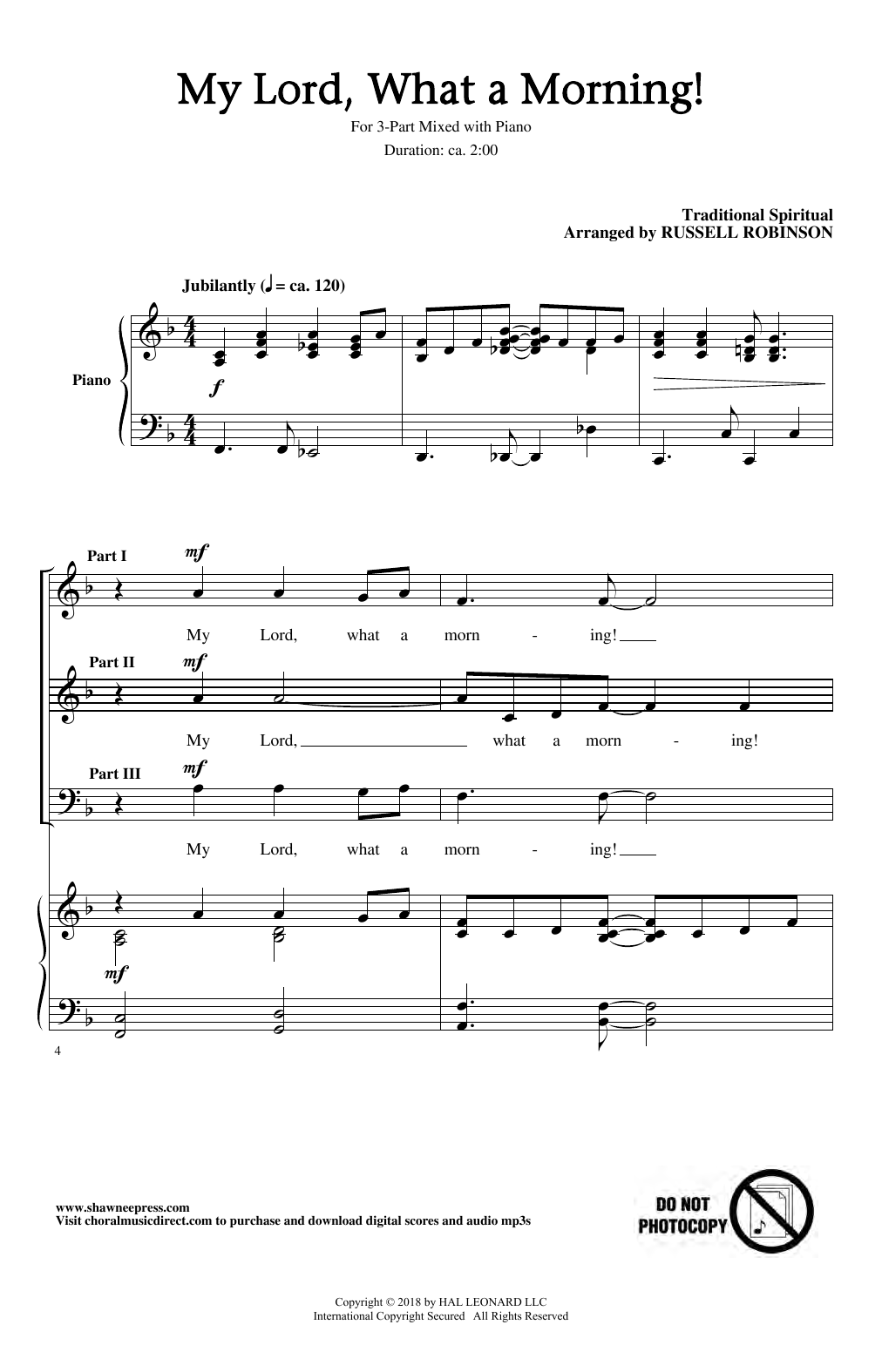 Download Traditional Spiritual My Lord, What A Morning (arr. Russell Robinson) Sheet Music and learn how to play 3-Part Mixed Choir PDF digital score in minutes
