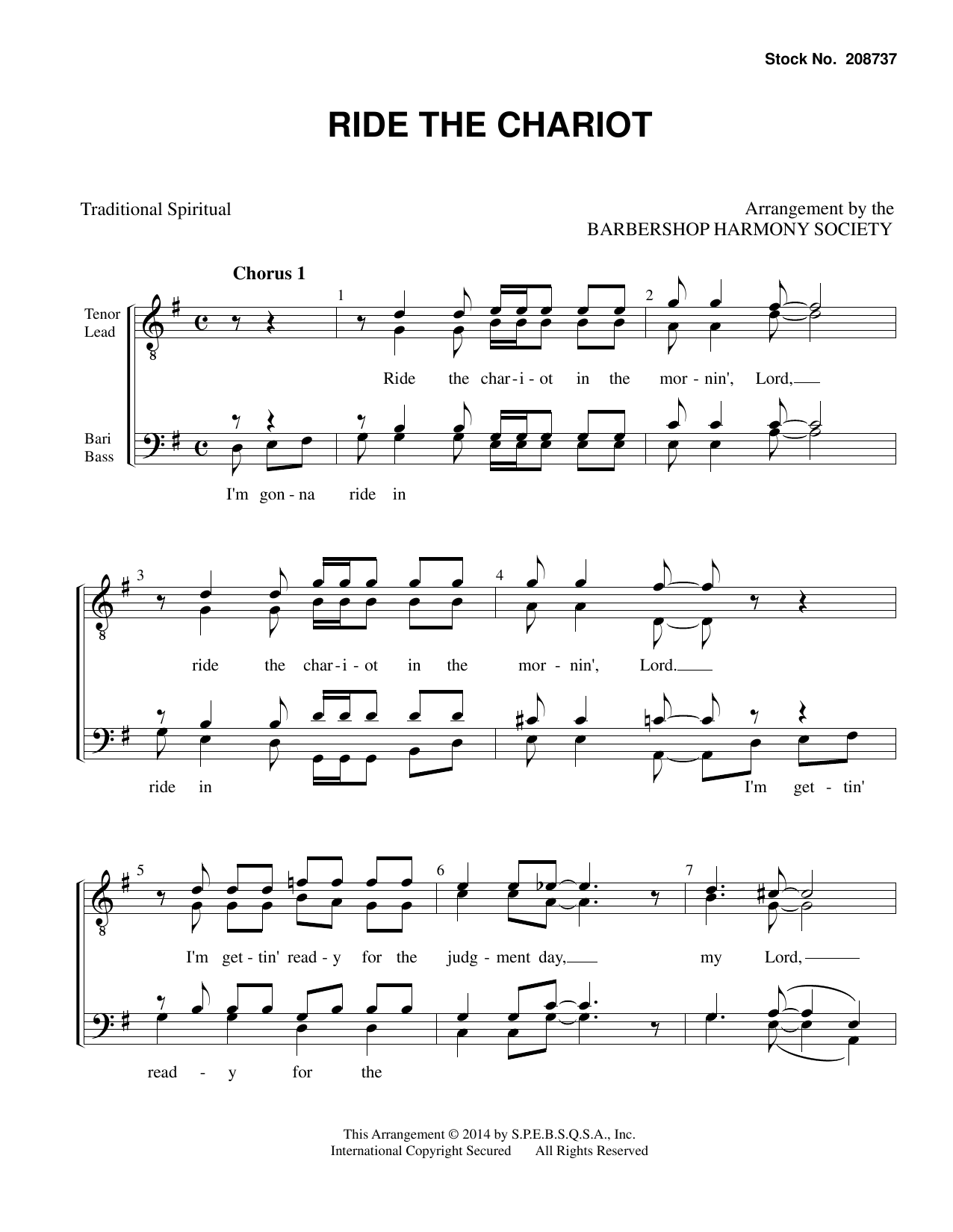 Download Traditional Spiritual Ride the Chariot (arr. Barbershop Harmony Society) Sheet Music and learn how to play TTBB Choir PDF digital score in minutes