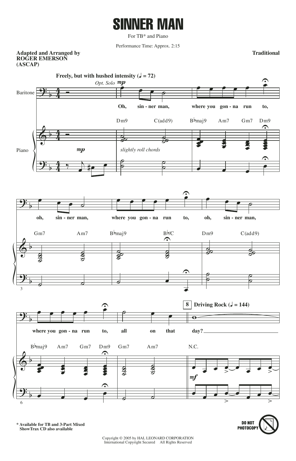 Download Traditional Spiritual Sinner Man (arr. Roger Emerson) Sheet Music and learn how to play 3-Part Mixed Choir PDF digital score in minutes