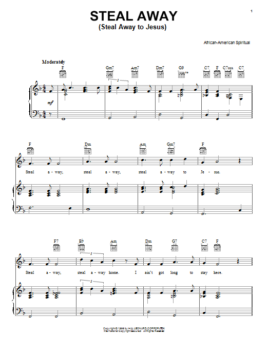 Download African-American Spiritual Steal Away (Steal Away To Jesus) Sheet Music and learn how to play Piano, Vocal & Guitar (Right-Hand Melody) PDF digital score in minutes