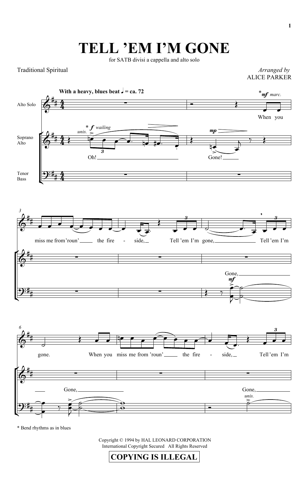 Download Traditional Spiritual Tell 'Em I'm Gone (arr. Alice Parker) Sheet Music and learn how to play SATB Choir PDF digital score in minutes