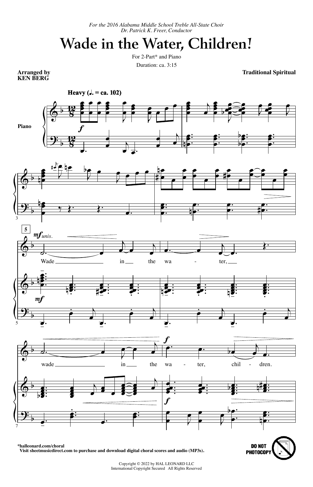 Download Traditional Spiritual Wade In The Water, Children! (arr. Ken Berg) Sheet Music and learn how to play 2-Part Choir PDF digital score in minutes