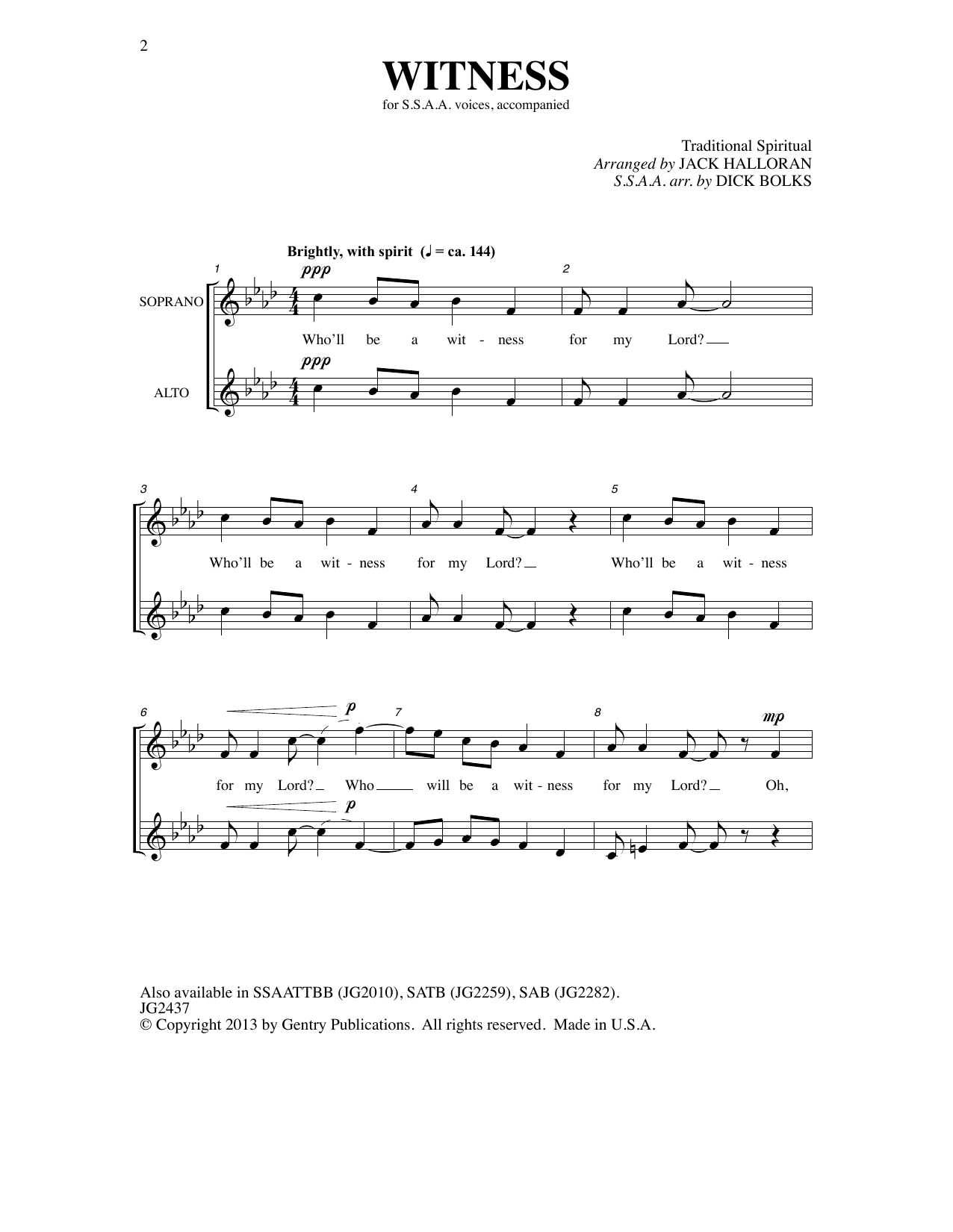 Download Traditional Spiritual Witness (arr. Dick Bolks) Sheet Music and learn how to play SSA Choir PDF digital score in minutes