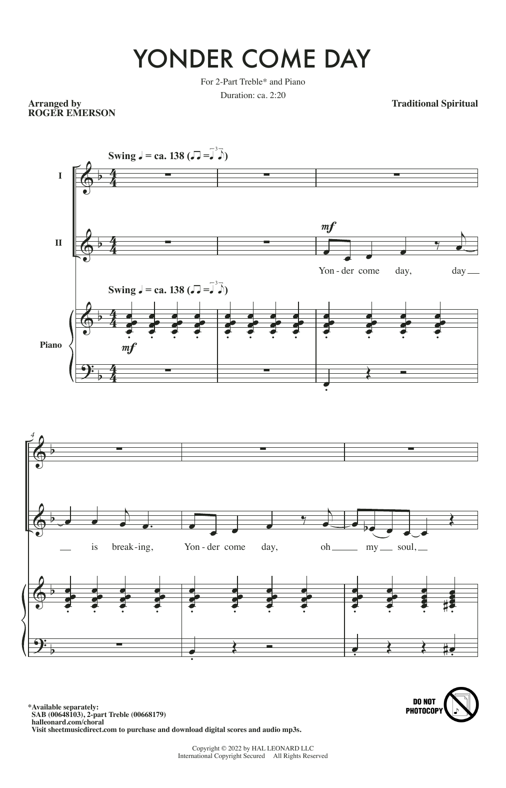 Download Traditional Spiritual Yonder Come Day (arr. Roger Emerson) Sheet Music and learn how to play 2-Part Choir PDF digital score in minutes