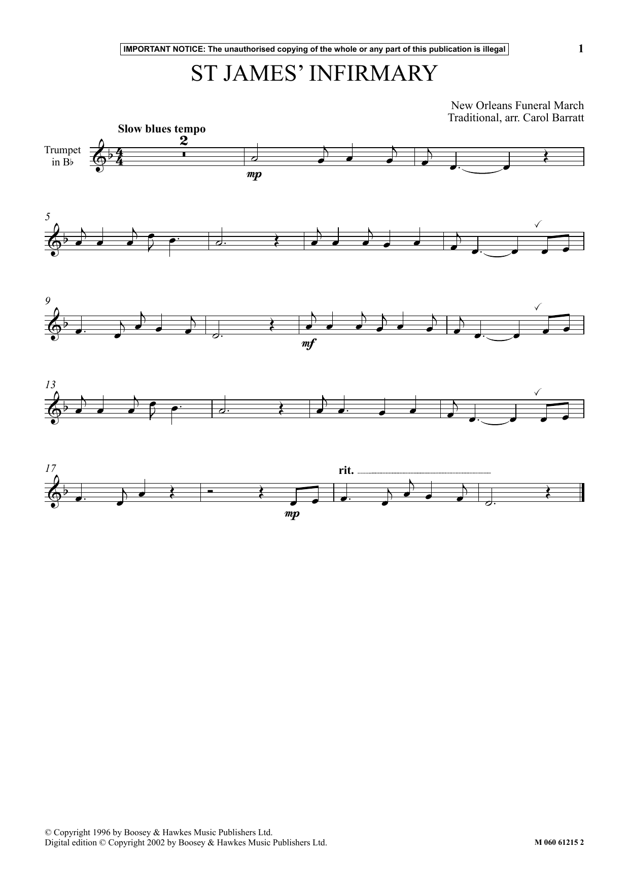 Download Traditional St James Infirmary Sheet Music and learn how to play Instrumental Solo PDF digital score in minutes