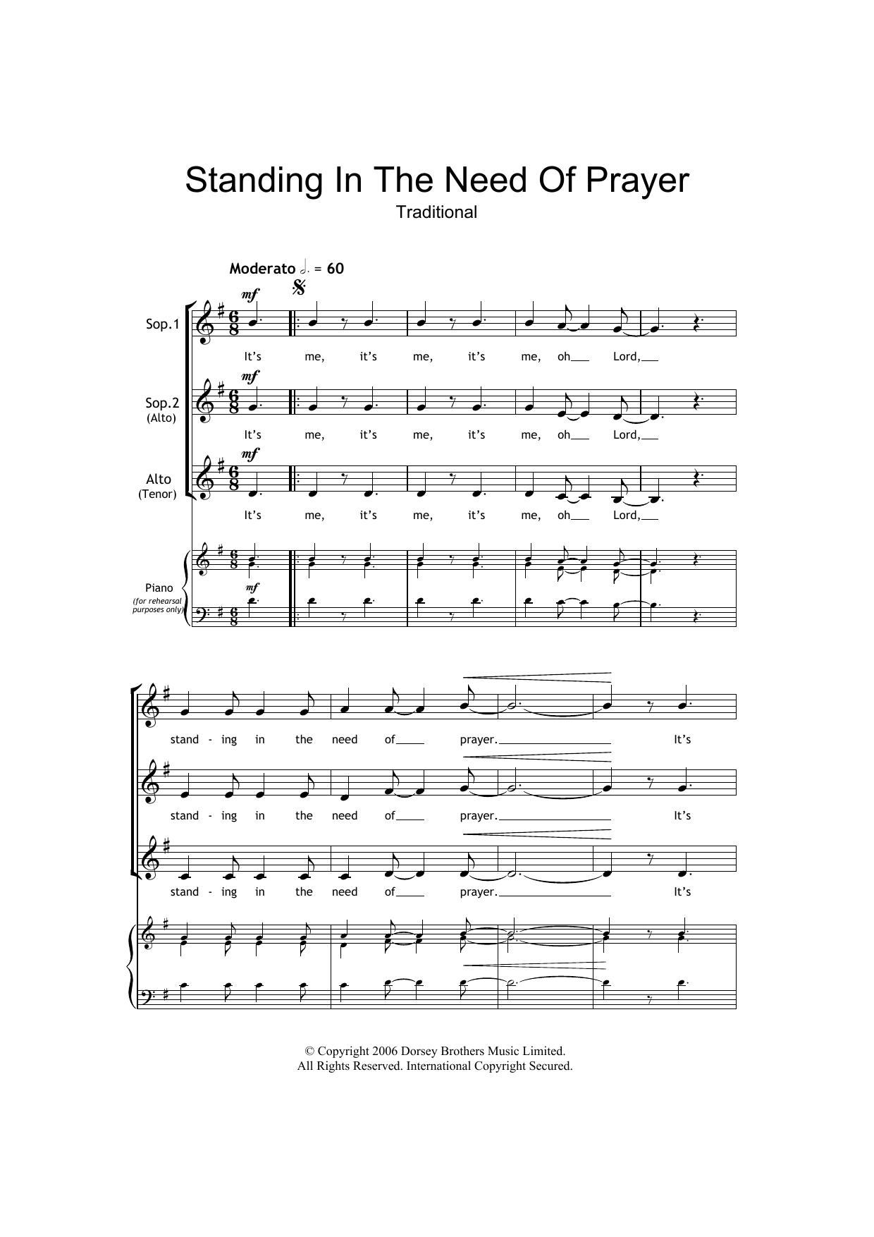 Download Traditional Standing In The Need Of Prayer Sheet Music and learn how to play SSA PDF digital score in minutes