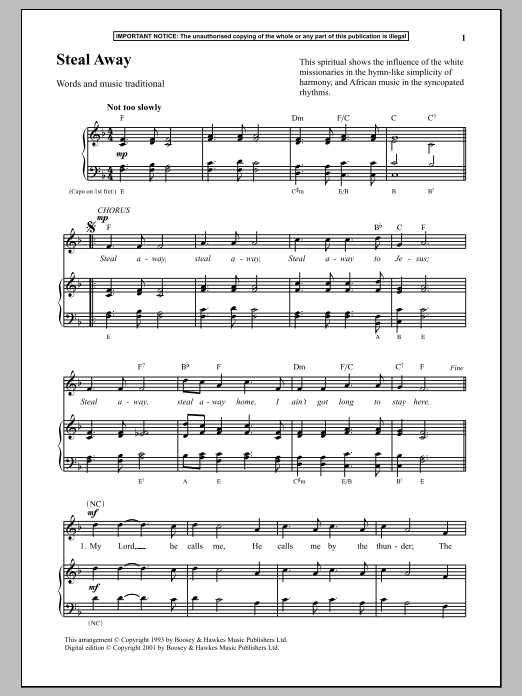 Download Traditional Steal Away Sheet Music and learn how to play Piano PDF digital score in minutes