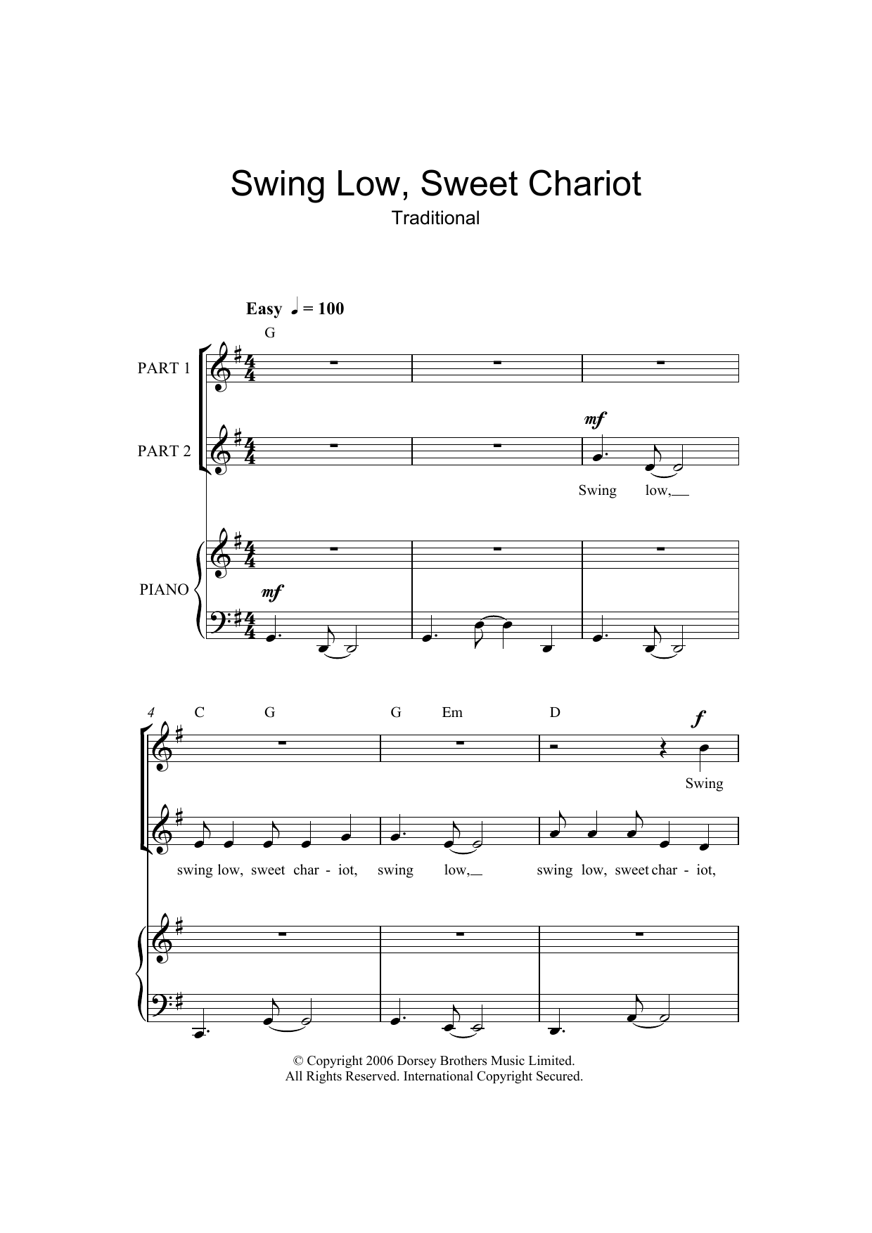 Download Traditional Swing Low, Sweet Chariot Sheet Music and learn how to play 2-Part Choir PDF digital score in minutes