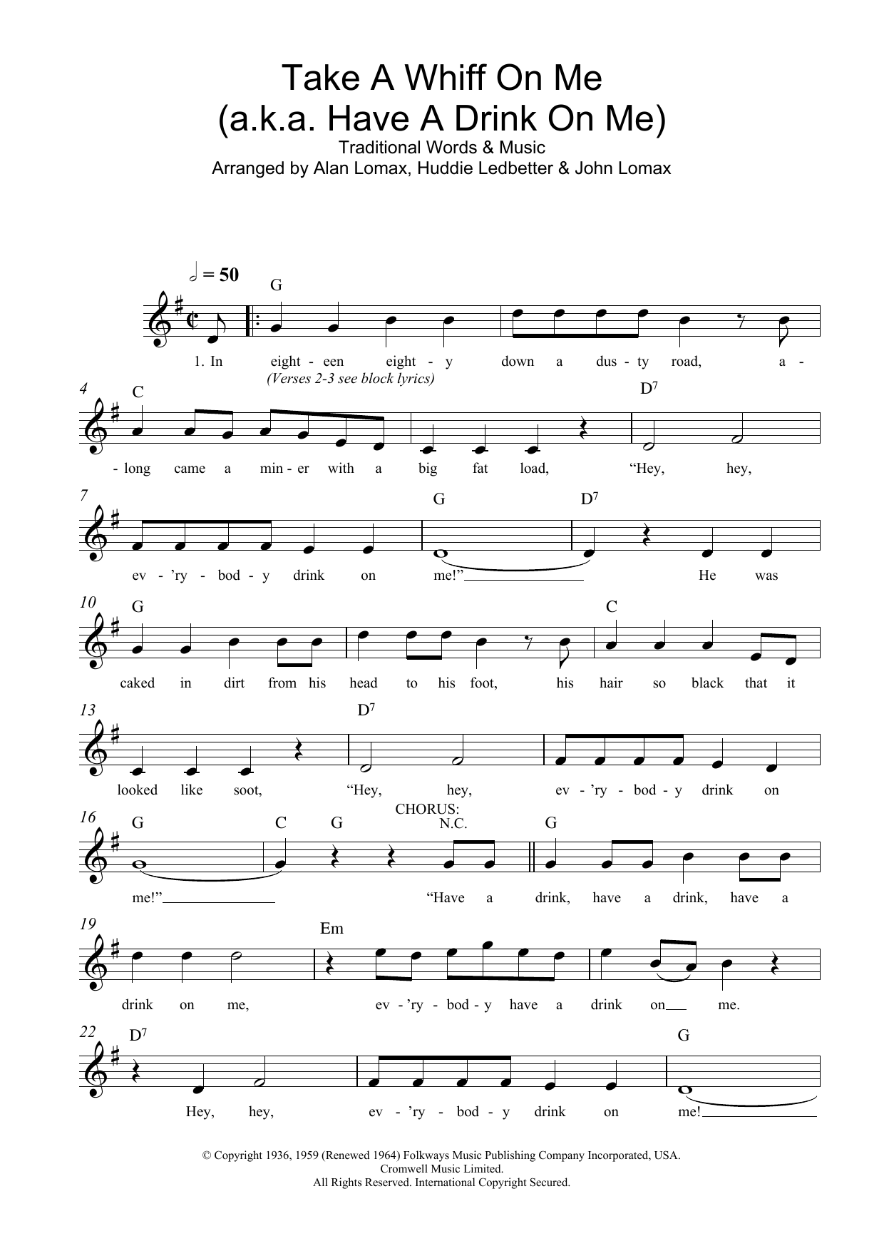 Download Traditional Take A Whiff On Me (a.k.a. Have A Drink On Me) Sheet Music and learn how to play Melody Line, Lyrics & Chords PDF digital score in minutes