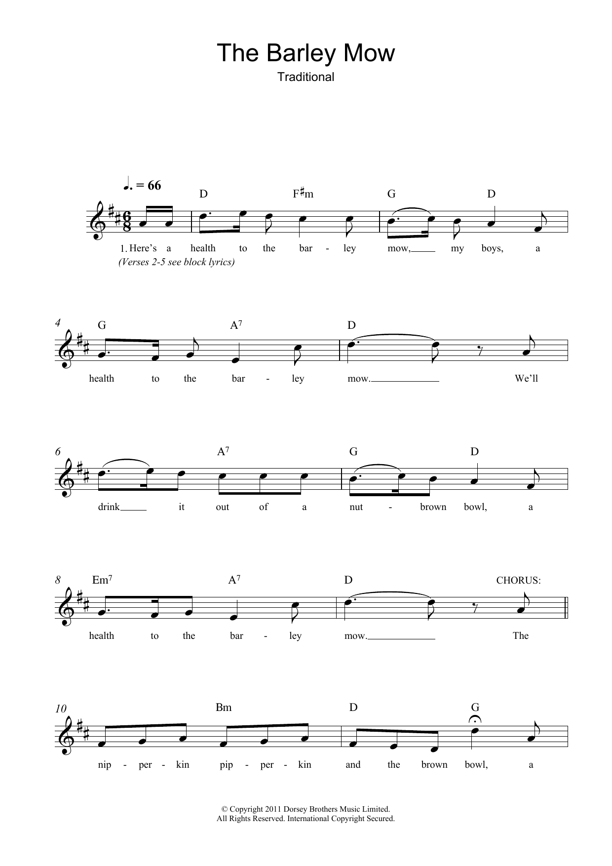 Download Traditional The Barley Mow Sheet Music and learn how to play Melody Line, Lyrics & Chords PDF digital score in minutes