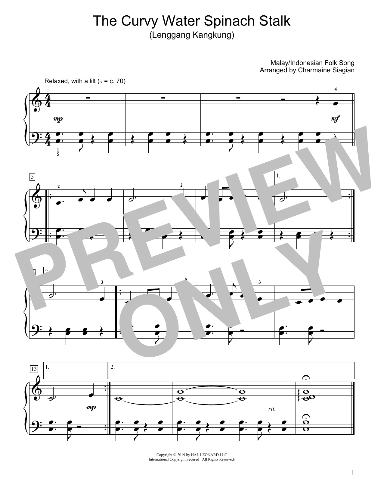 Download Traditional The Curvy Water Spinach Stalk (Lenggang Kangkung) (arr. Charmaine Siagian) Sheet Music and learn how to play Educational Piano PDF digital score in minutes