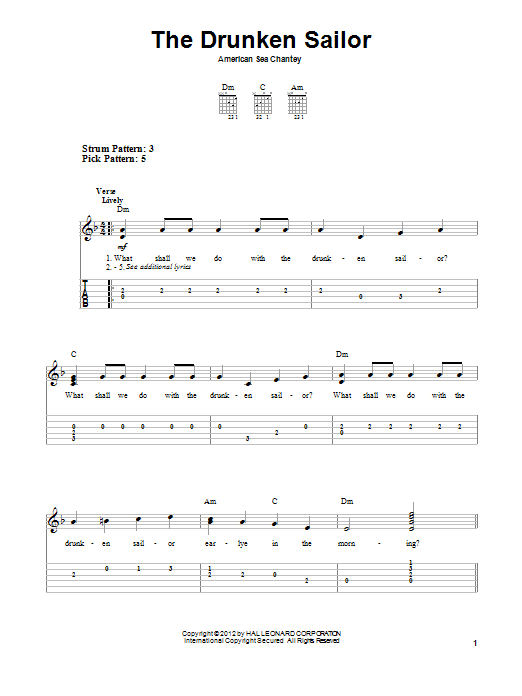 Download Traditional The Drunken Sailor Sheet Music and learn how to play Easy Guitar Tab PDF digital score in minutes