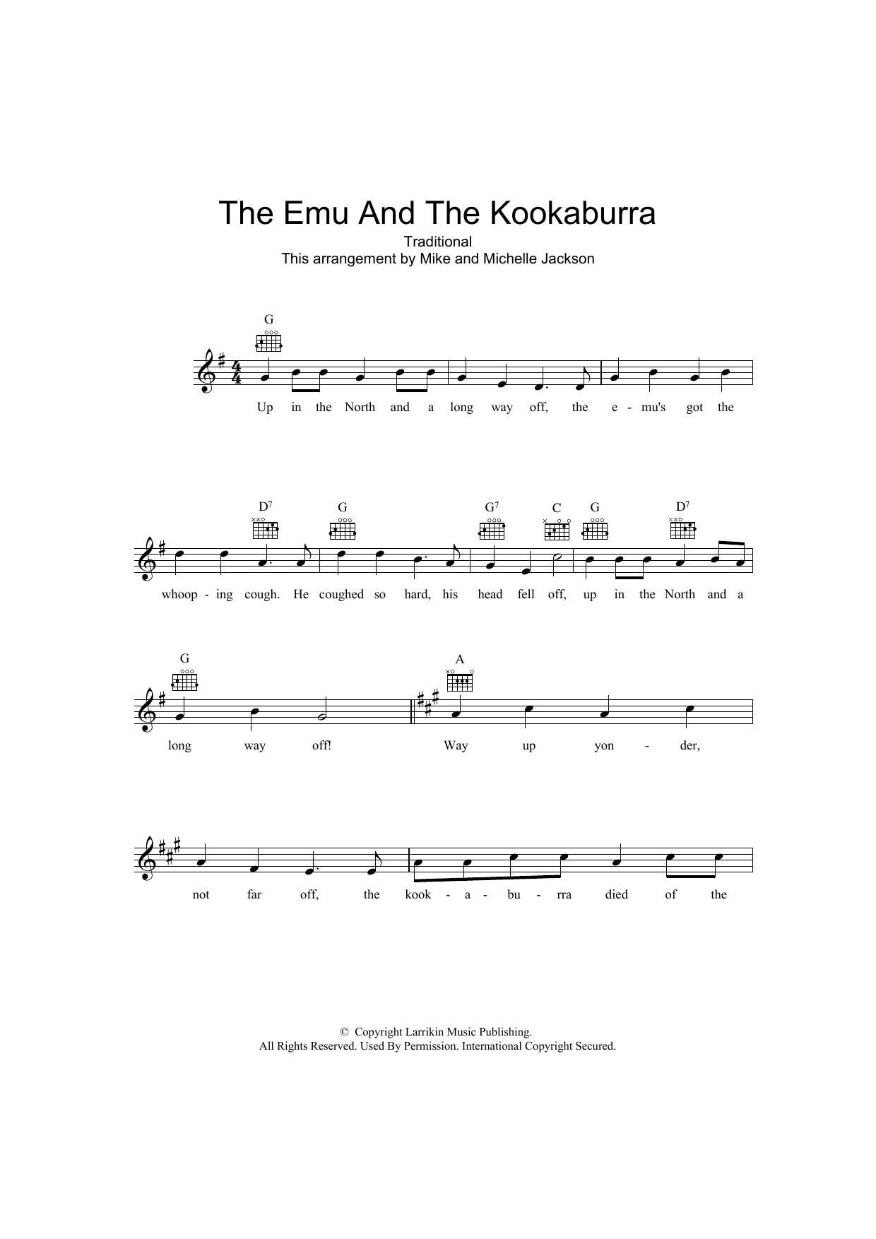 Download Traditional The Emu And The Kookaburra Sheet Music and learn how to play Melody Line, Lyrics & Chords PDF digital score in minutes