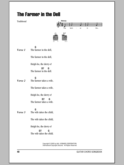 Download Traditional The Farmer In The Dell Sheet Music and learn how to play Melody Line, Lyrics & Chords PDF digital score in minutes