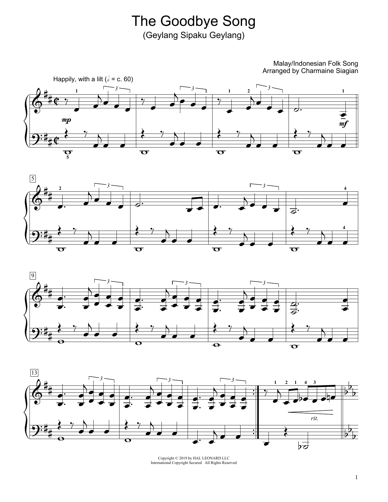 Download Traditional The Goodbye Song (Geylang Sipaku Geylang) (arr. Charmaine Siagian) Sheet Music and learn how to play Educational Piano PDF digital score in minutes