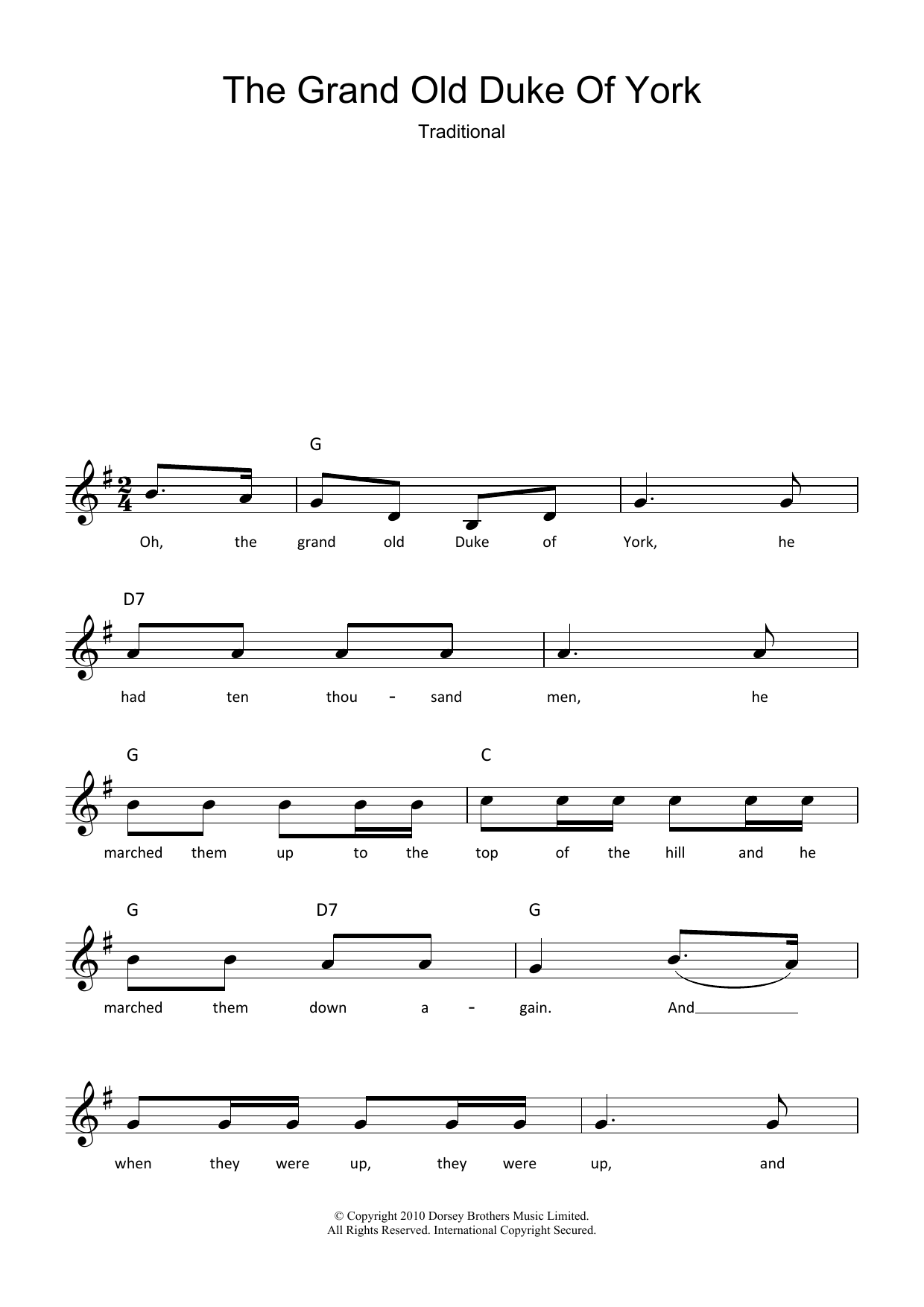 Download Traditional The Grand Old Duke Of York Sheet Music and learn how to play Melody Line, Lyrics & Chords PDF digital score in minutes