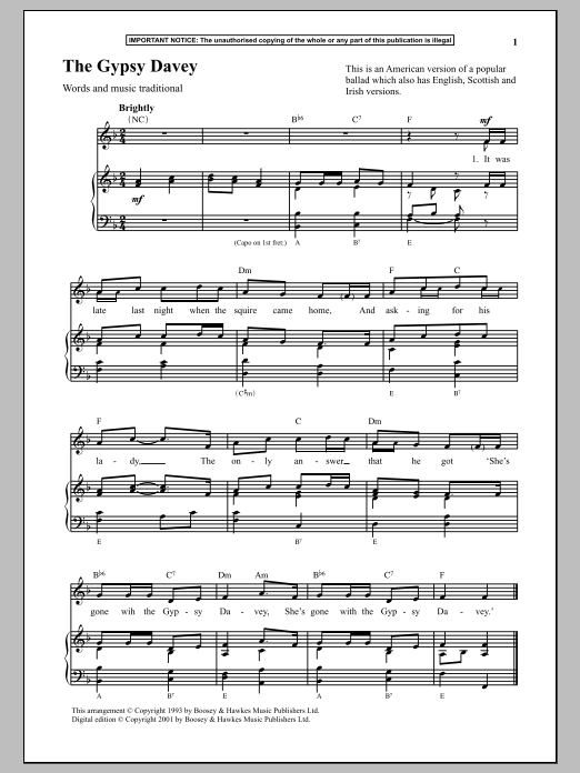 Download Traditional The Gypsy Davey Sheet Music and learn how to play Piano PDF digital score in minutes