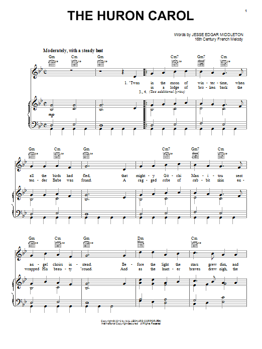 Download Traditional The Huron Carol Sheet Music and learn how to play Piano, Vocal & Guitar (Right-Hand Melody) PDF digital score in minutes