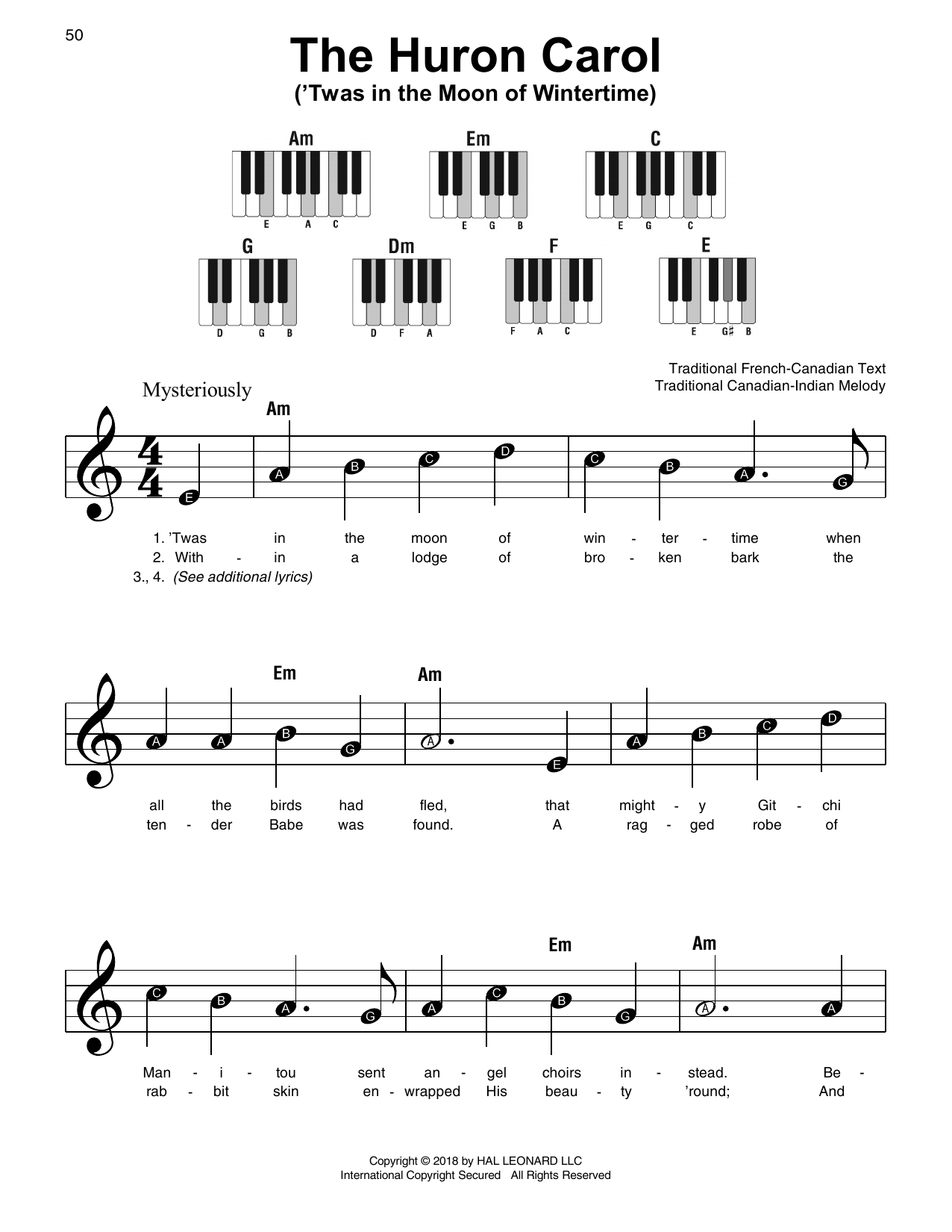 Download Traditional The Huron Carol ('Twas In The Moon Of Wintertime) Sheet Music and learn how to play Super Easy Piano PDF digital score in minutes