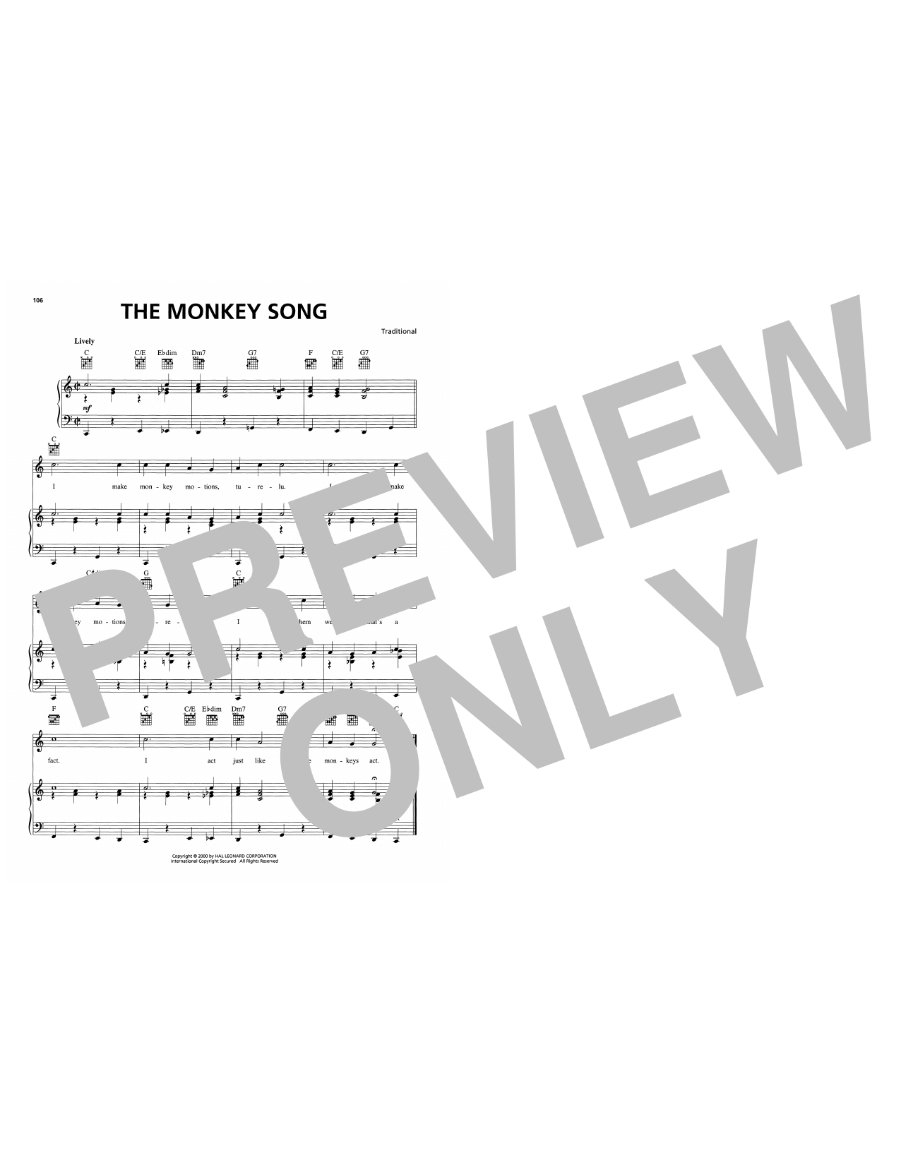 Download Traditional The Monkey Song Sheet Music and learn how to play Piano, Vocal & Guitar Chords (Right-Hand Melody) PDF digital score in minutes