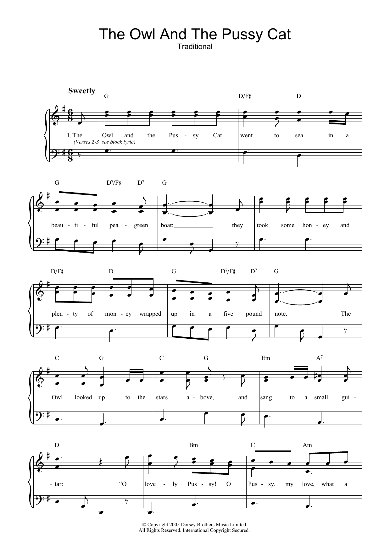 Download Traditional The Owl And The Pussy Cat Sheet Music and learn how to play Piano & Vocal PDF digital score in minutes