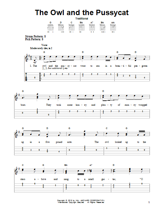 Download Traditional The Owl And The Pussycat Sheet Music and learn how to play Easy Guitar Tab PDF digital score in minutes