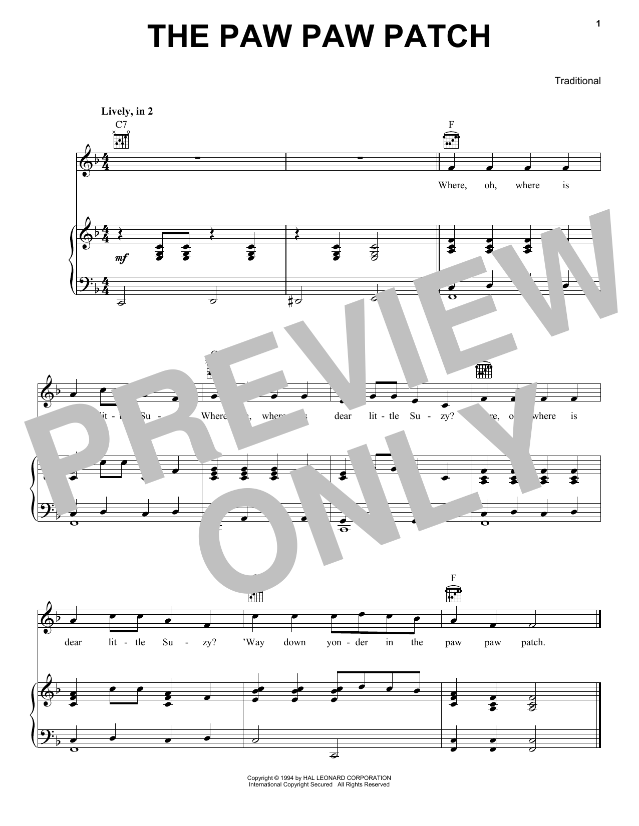 Download Traditional The Paw Paw Patch Sheet Music and learn how to play Piano, Vocal & Guitar Chords (Right-Hand Melody) PDF digital score in minutes