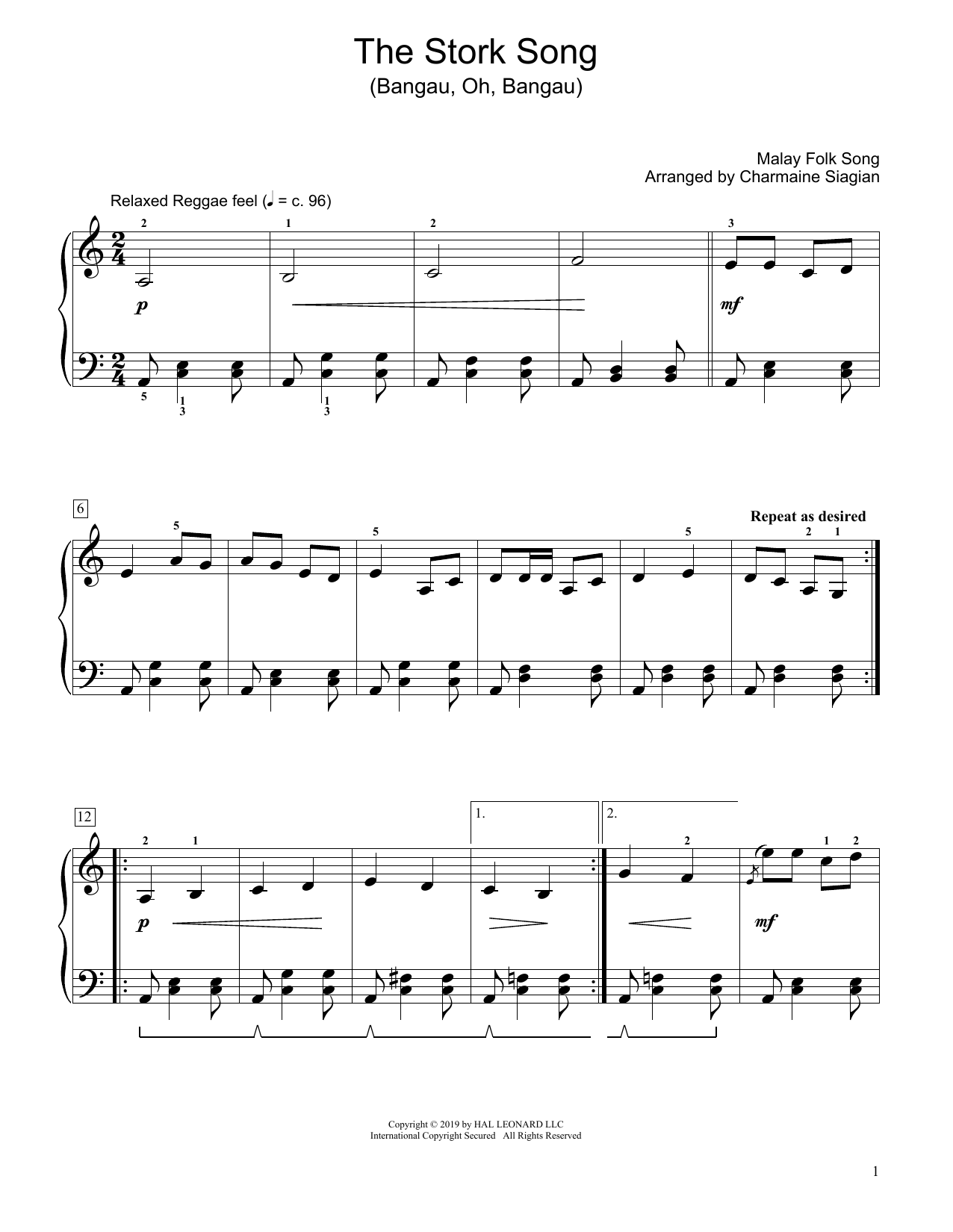 Download Traditional The Stork Song (Bangau Oh Bangau) (arr. Charmaine Siagian) Sheet Music and learn how to play Educational Piano PDF digital score in minutes
